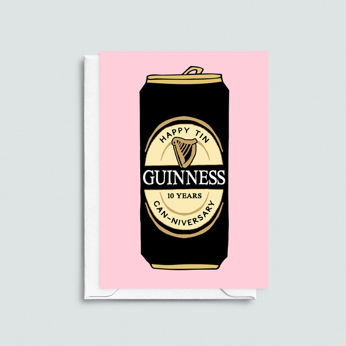 illustration of a can of guinness with tin pun on a pink background to celebrate a 10th anniversary