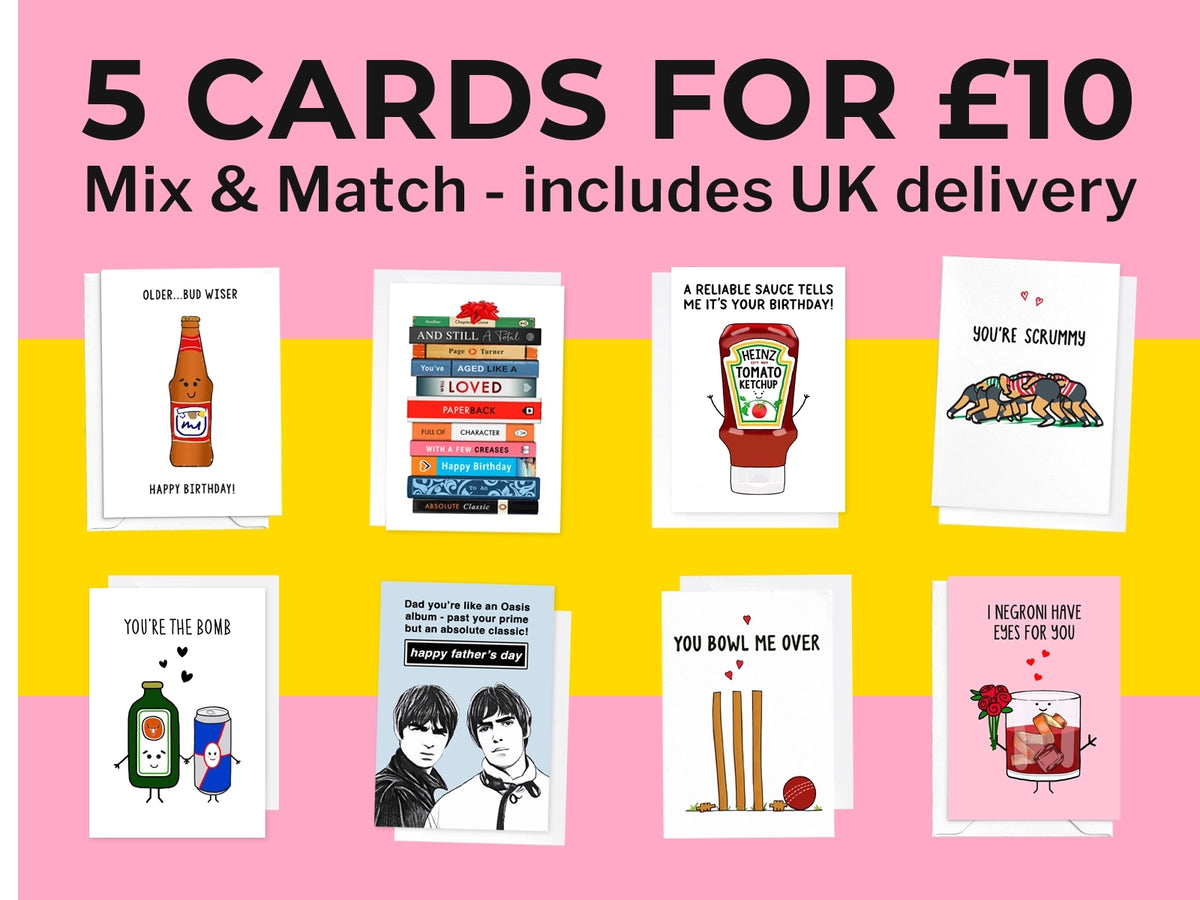 Collection of greeting cards with various designs on a pink and yellow background, promoting 5 cards for £10 with UK delivery.