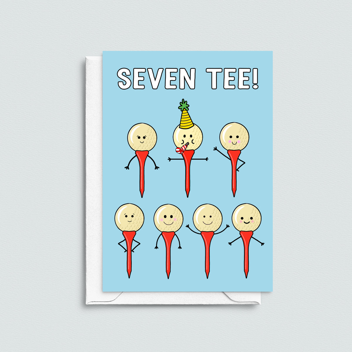 a golf themed 70th birthday card featuring illustrations of 7 golf tees and the pun 'seven tee!' pictured on a grey background. 