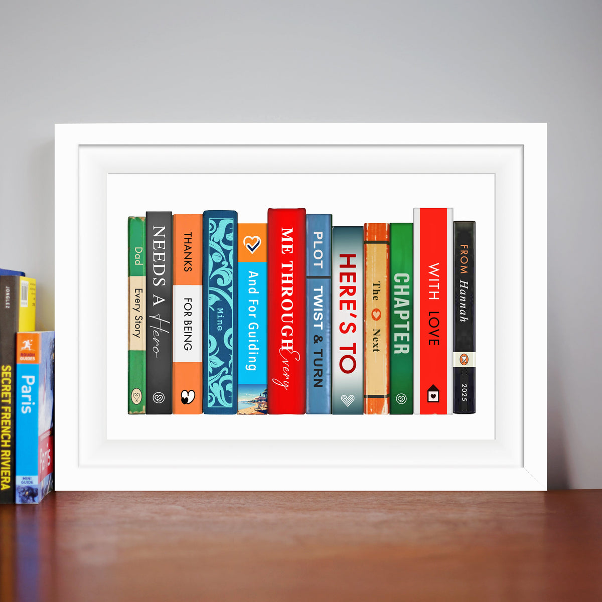 Personalised book print for Dad using the spines to spell out a thoughtful message to Dad