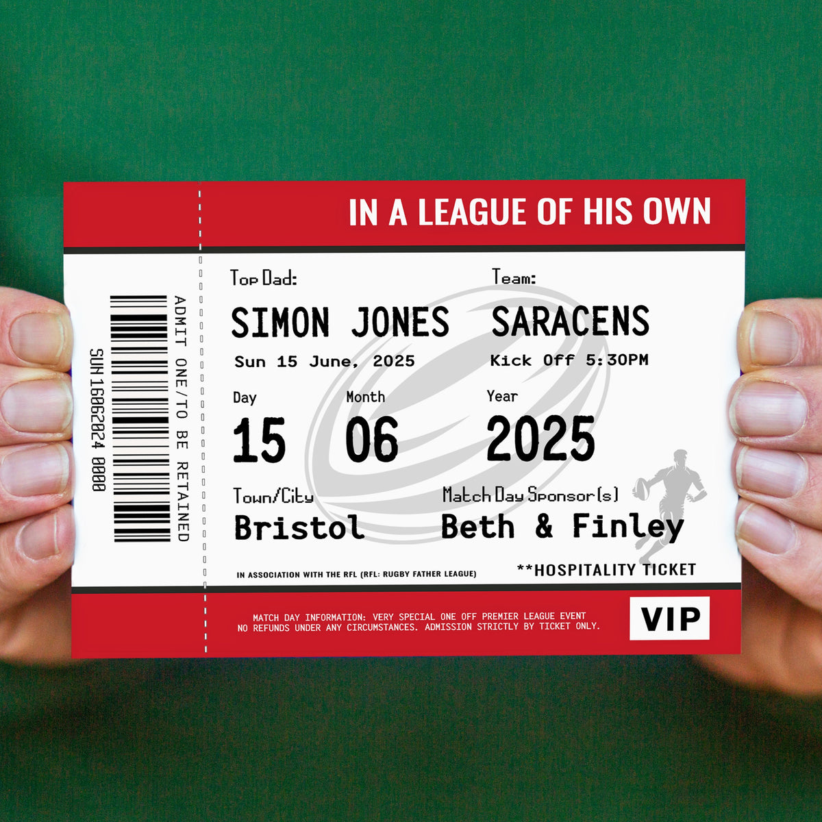 A personalised rugby ticket dedicated to Dad - perfect for Father's Day 
