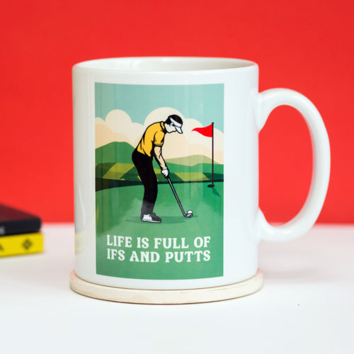 ceramic mug with a golf illustration and pun