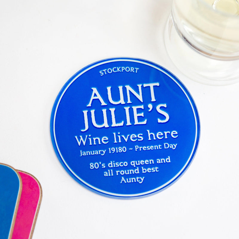 Personalised 'Blue Plaque' Glass Coaster for Aunt