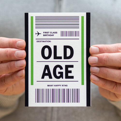 birthday card designed to look like a baggage label with old age wording