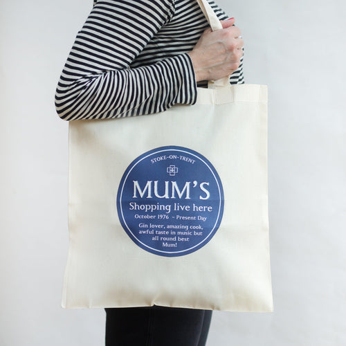 Personalised shopping bag for mum with English Heritage style blue plaque