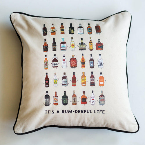 Cushion cover illustrated with all of the different types of rum and a pun. Comes with option of a cushion pad
