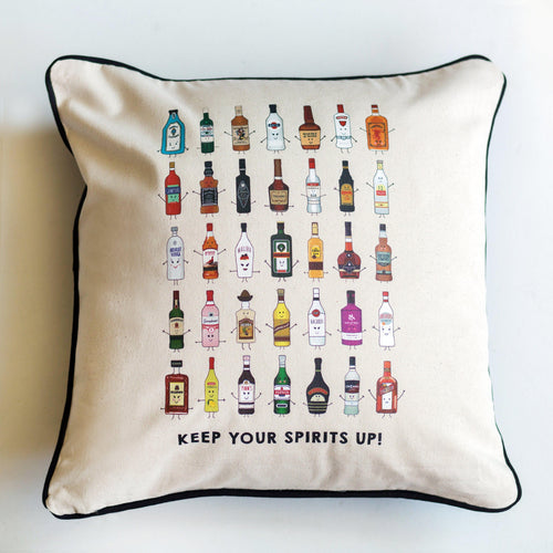 Cushion cover illustrated with a wide variety of spirit bottles and a pun. Comes with option of a cushion pad