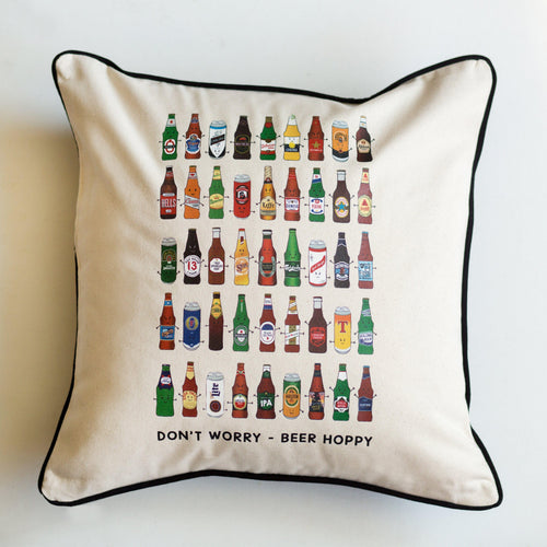 Cushion cover illustrated with all of the different types of beer and a pun. Comes with option of a cushion pad