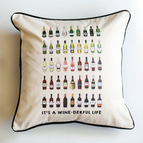 Cushion cover illustrated with all of the different types of wine and a pun. Comes with option of a cushion pad