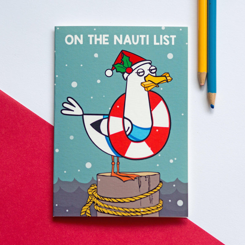 Funny christmas card with illustration of seagull stealing chips and naughty list pun