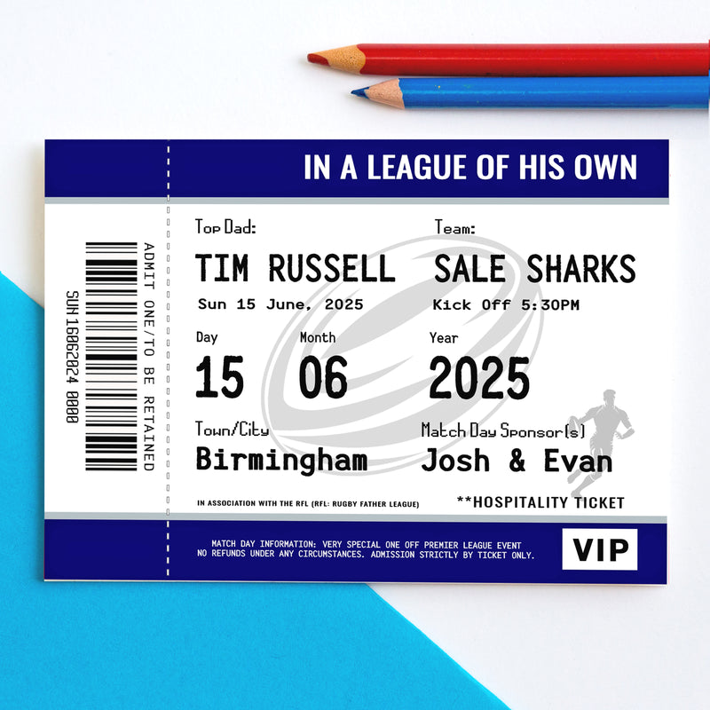 A customised rugby ticket father's day card for rugby loving Dads