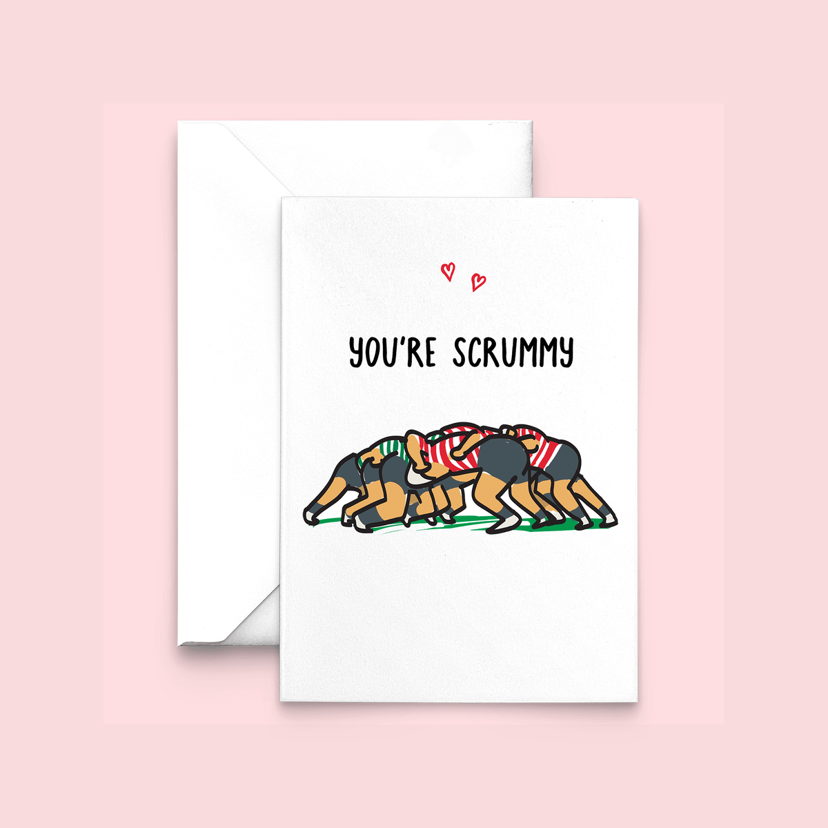 a card for a partner showing an illustration of a rugby scrum on a pink background