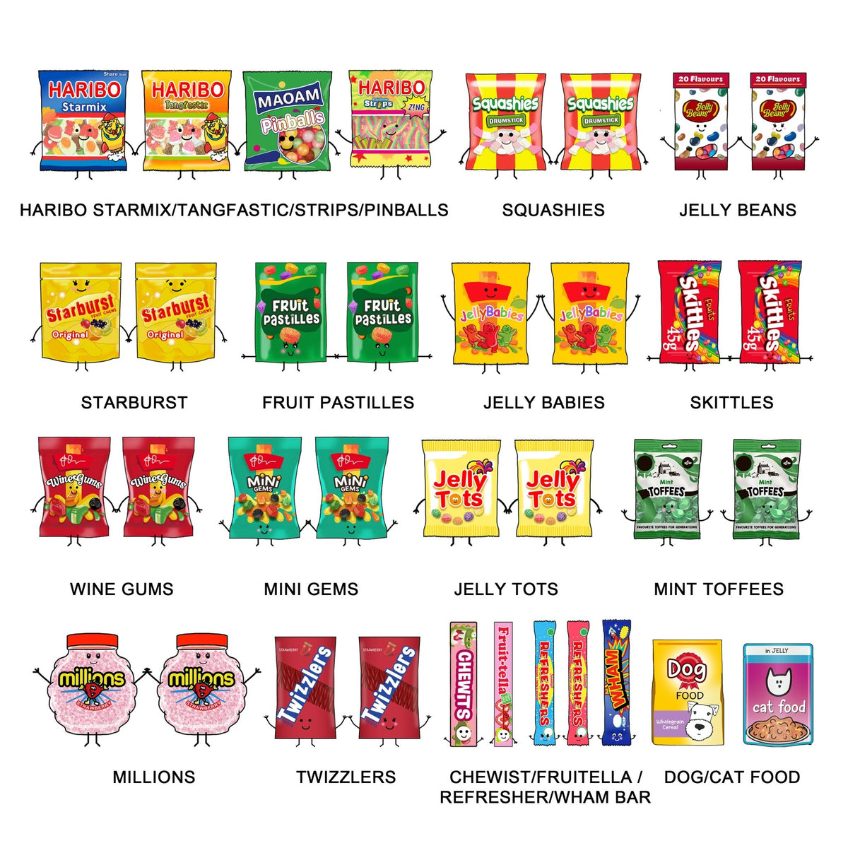 Animated candy packages from various brands arranged in a grid.