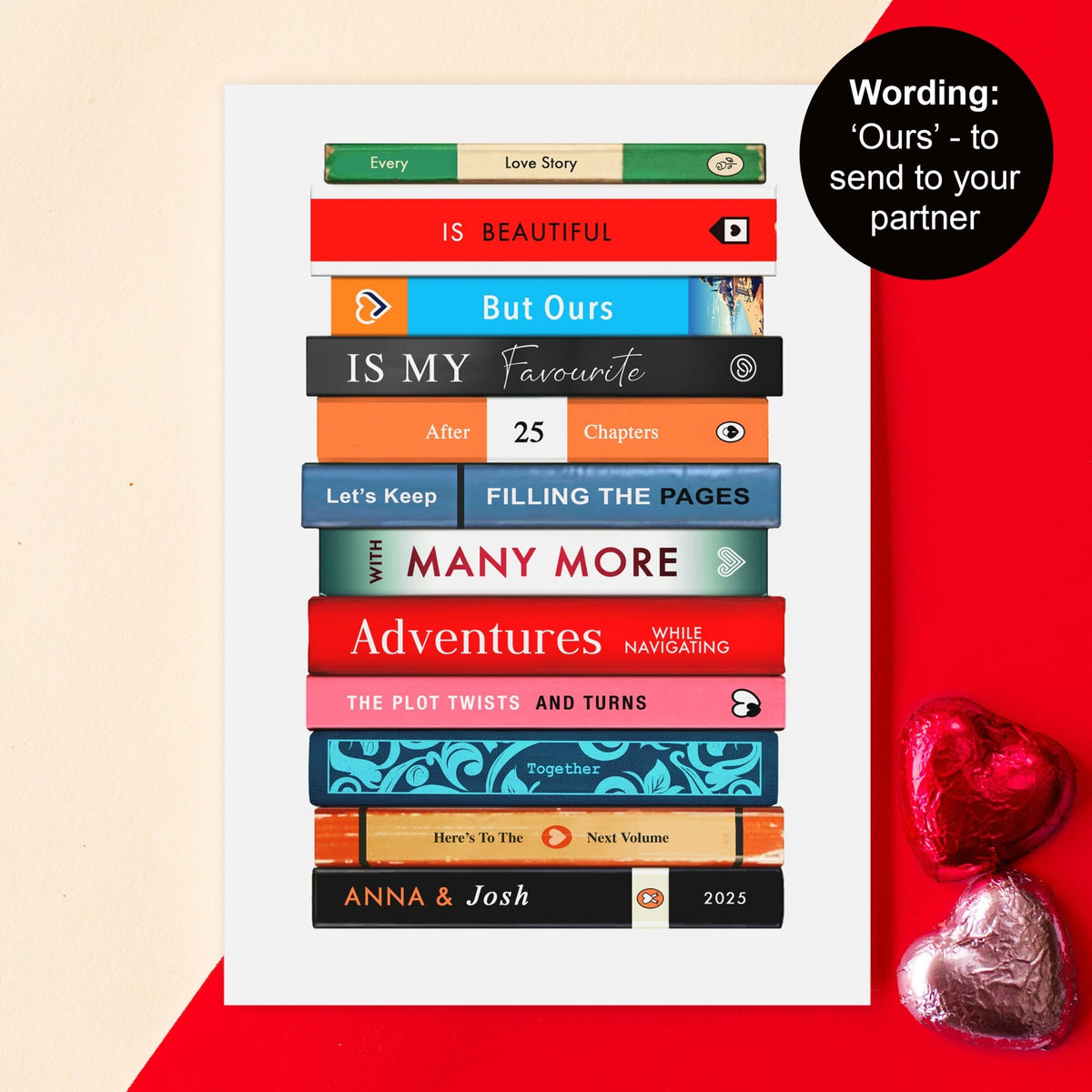 personalised anniversary card using books to spell out a romantic literary themed message