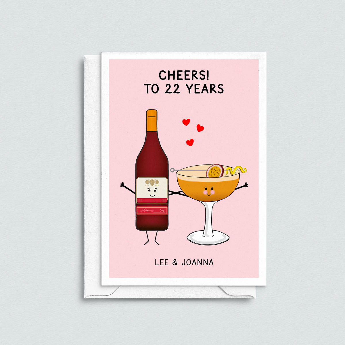 Anniversary card with cartoon bottle and glass holding hands, text 'Cheers! To 22 Years', and hearts on a pink background.