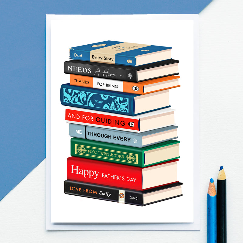 A personalised father's day card designed to look like a stack of books by Of Life & Lemons