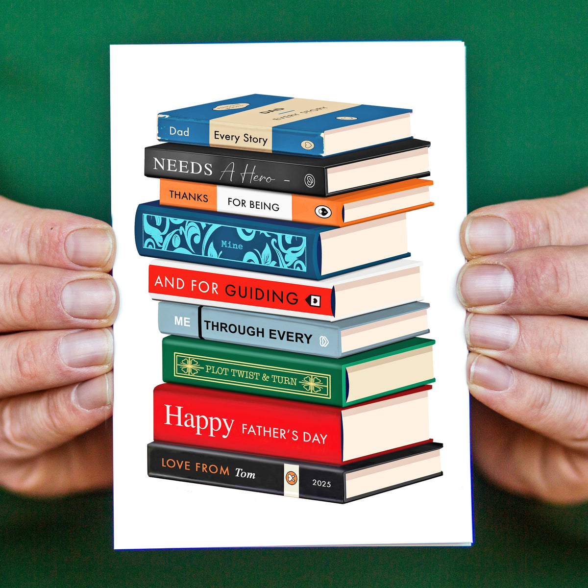 A custom Father's Day card which features an illustration of a stack of books and a thoughtful message to Dad, personalised with your name
