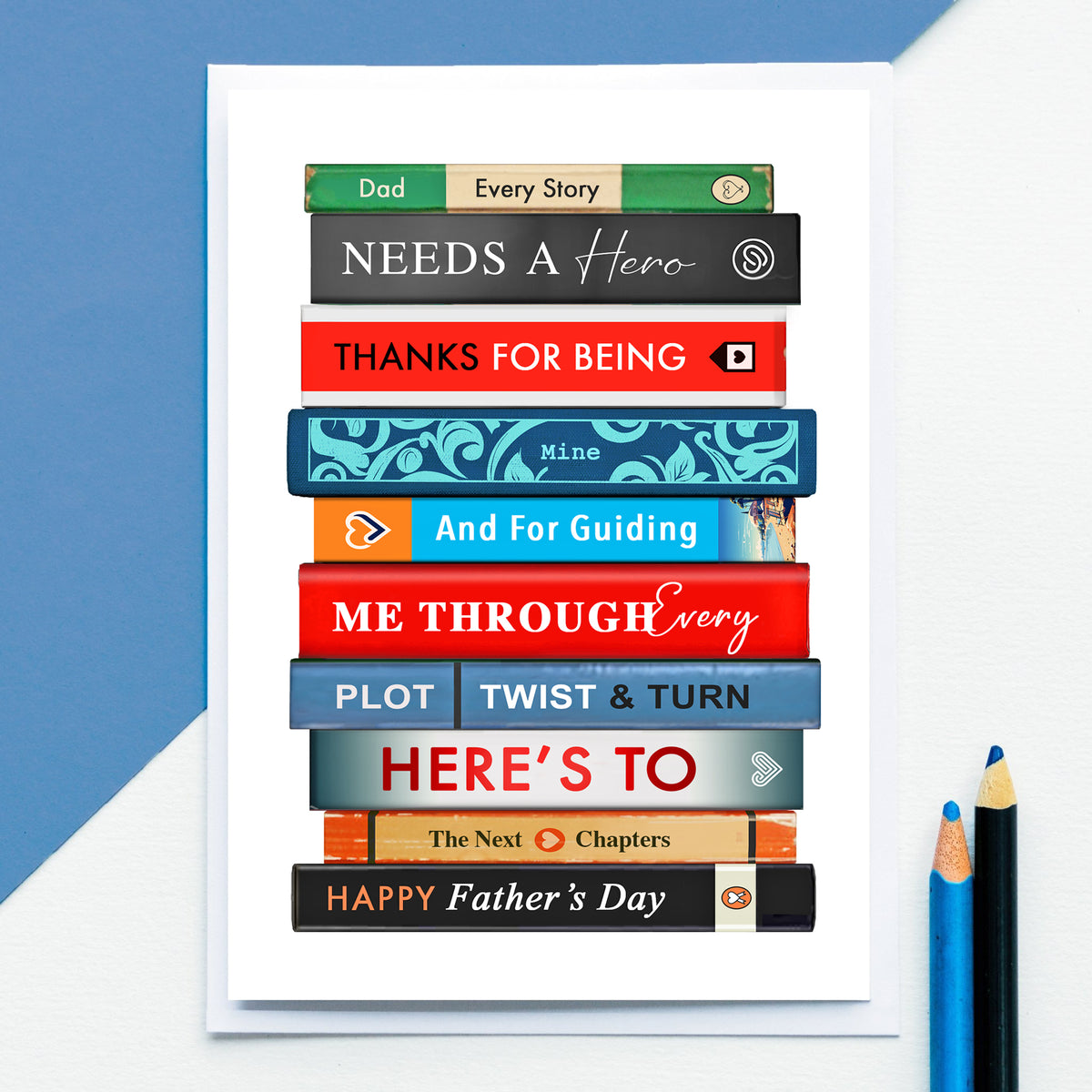 Stack of books with Father's Day message on a white background