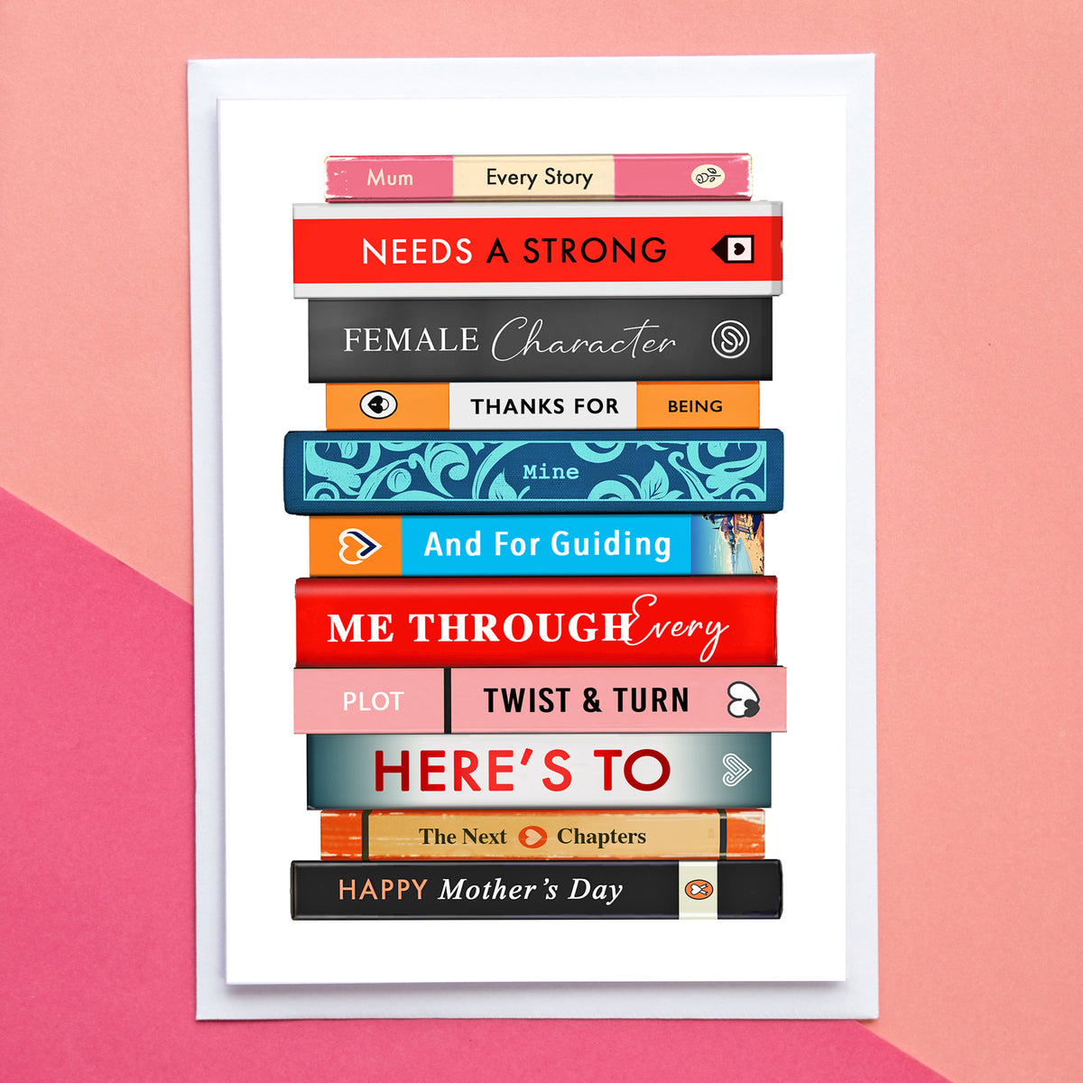 mothers day card with stack of books illustration on a pink background