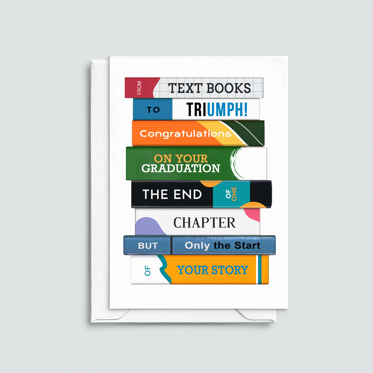 Graduation card with colorful text book design on a light gray background