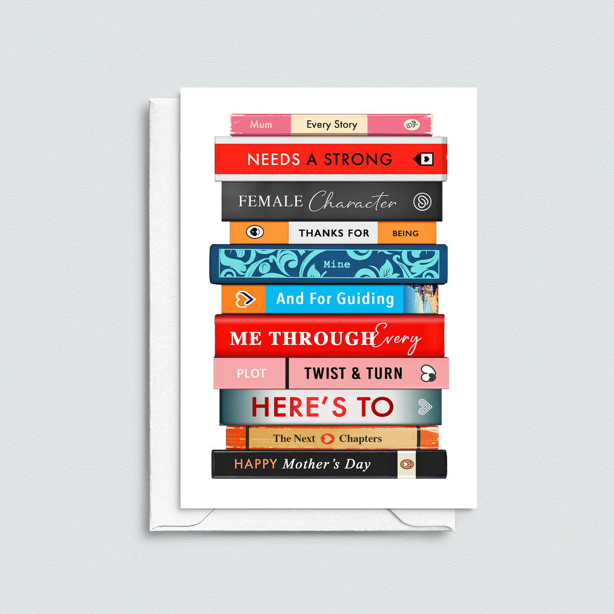 book stack card with mothers day message with white envelope on grey background