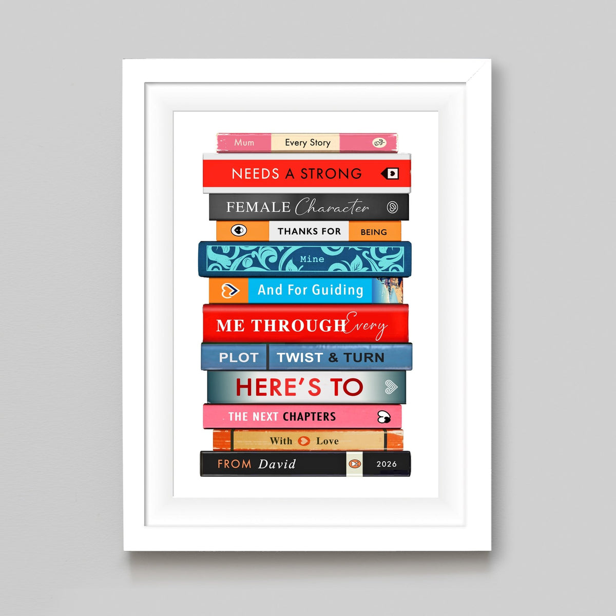 print featuring a stack of books in a frame on a grey background