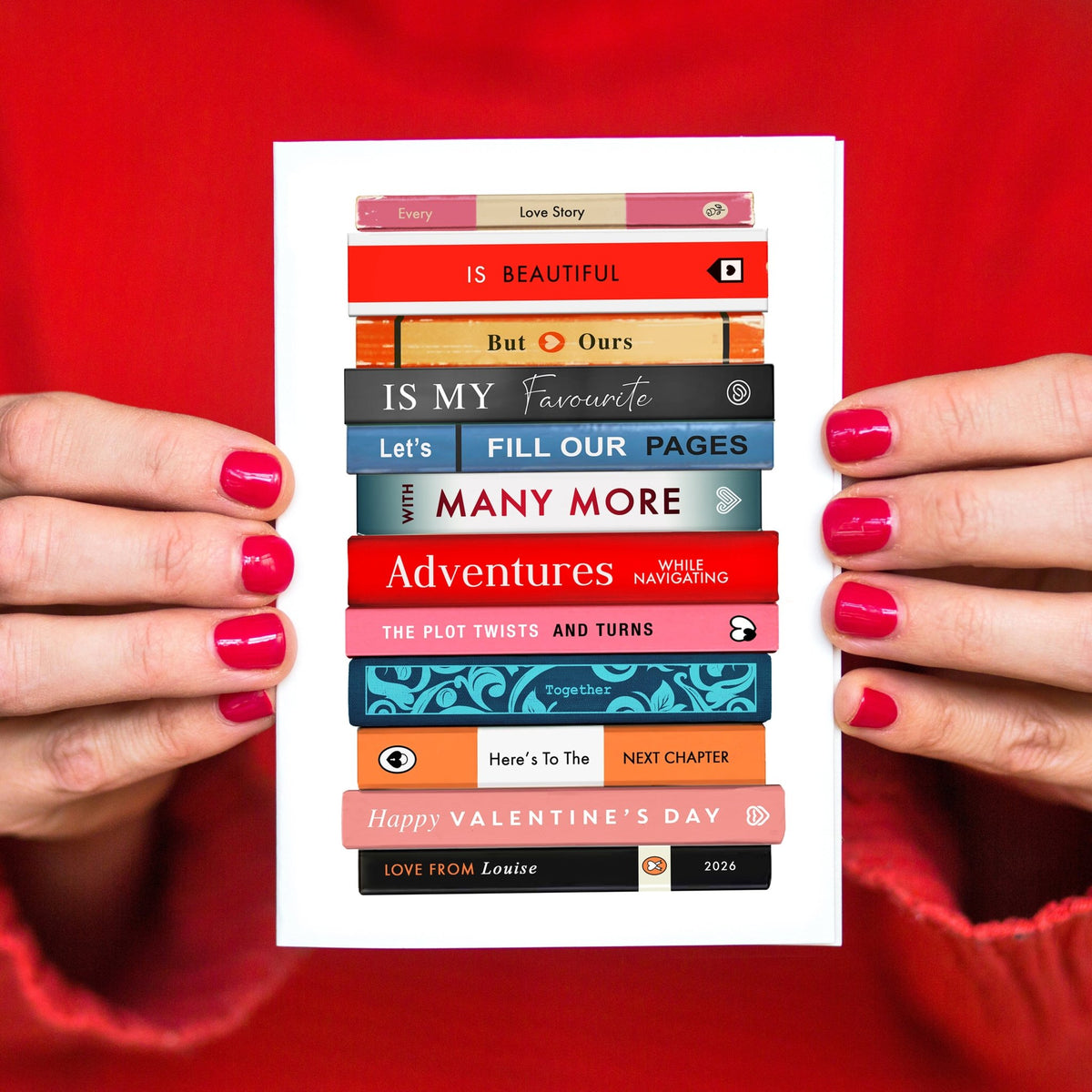a valentines day card featuring an illustration of a stack of books titled with romantic words and personalised with names