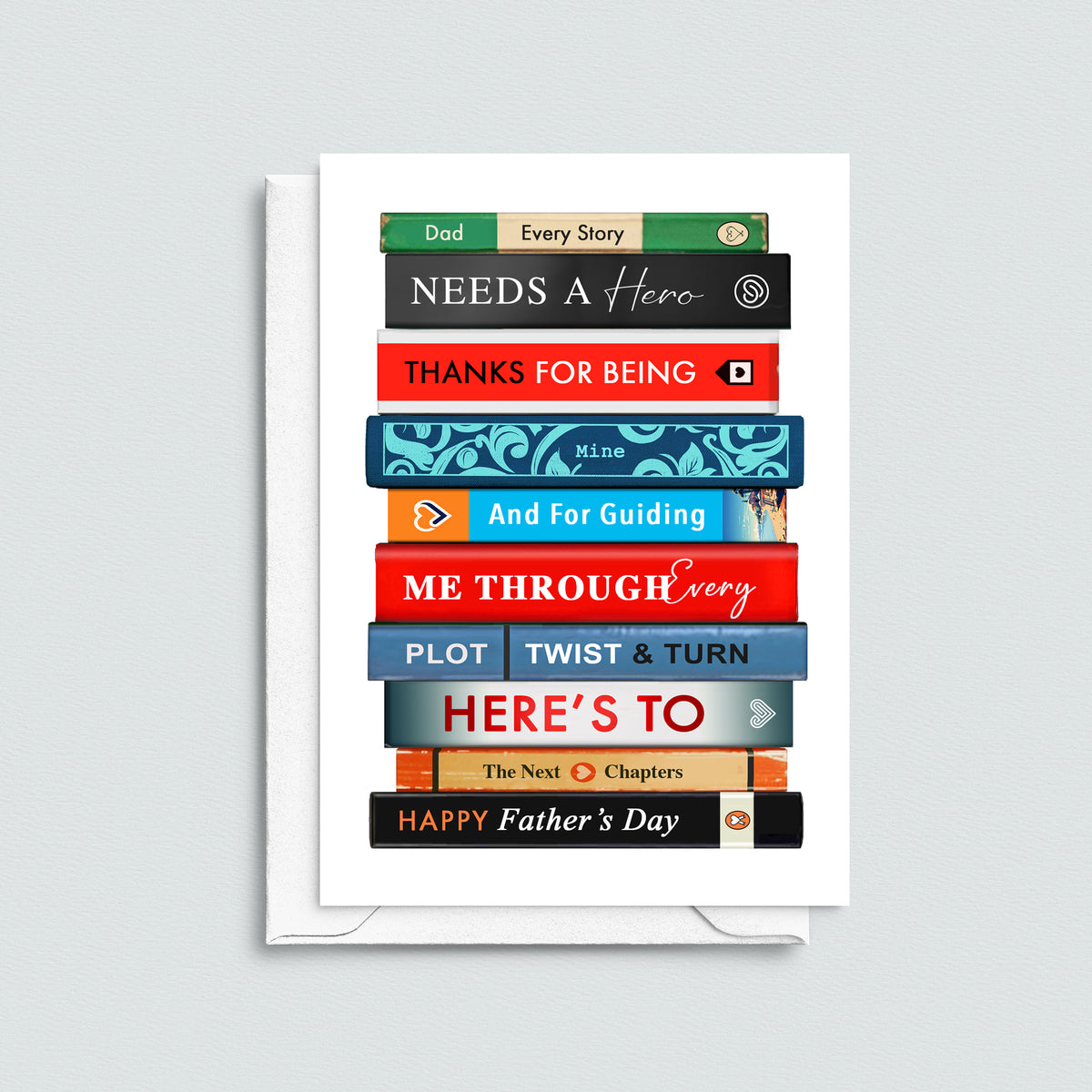 Father's Day card with book stack design on a light gray background