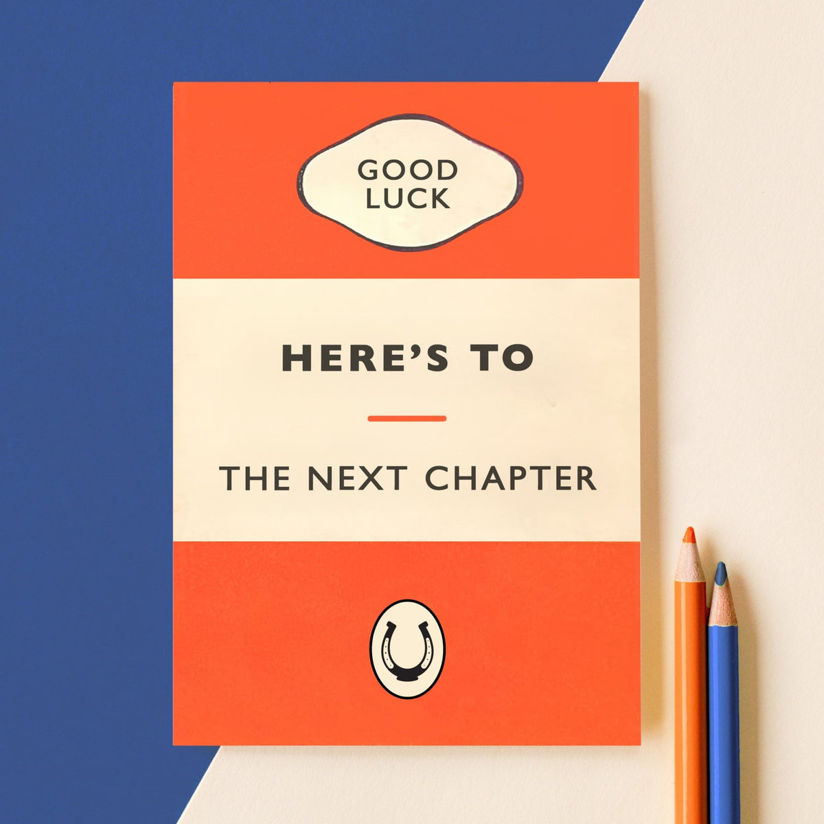 good luck card that looks like a book front cover on a blue and cream background