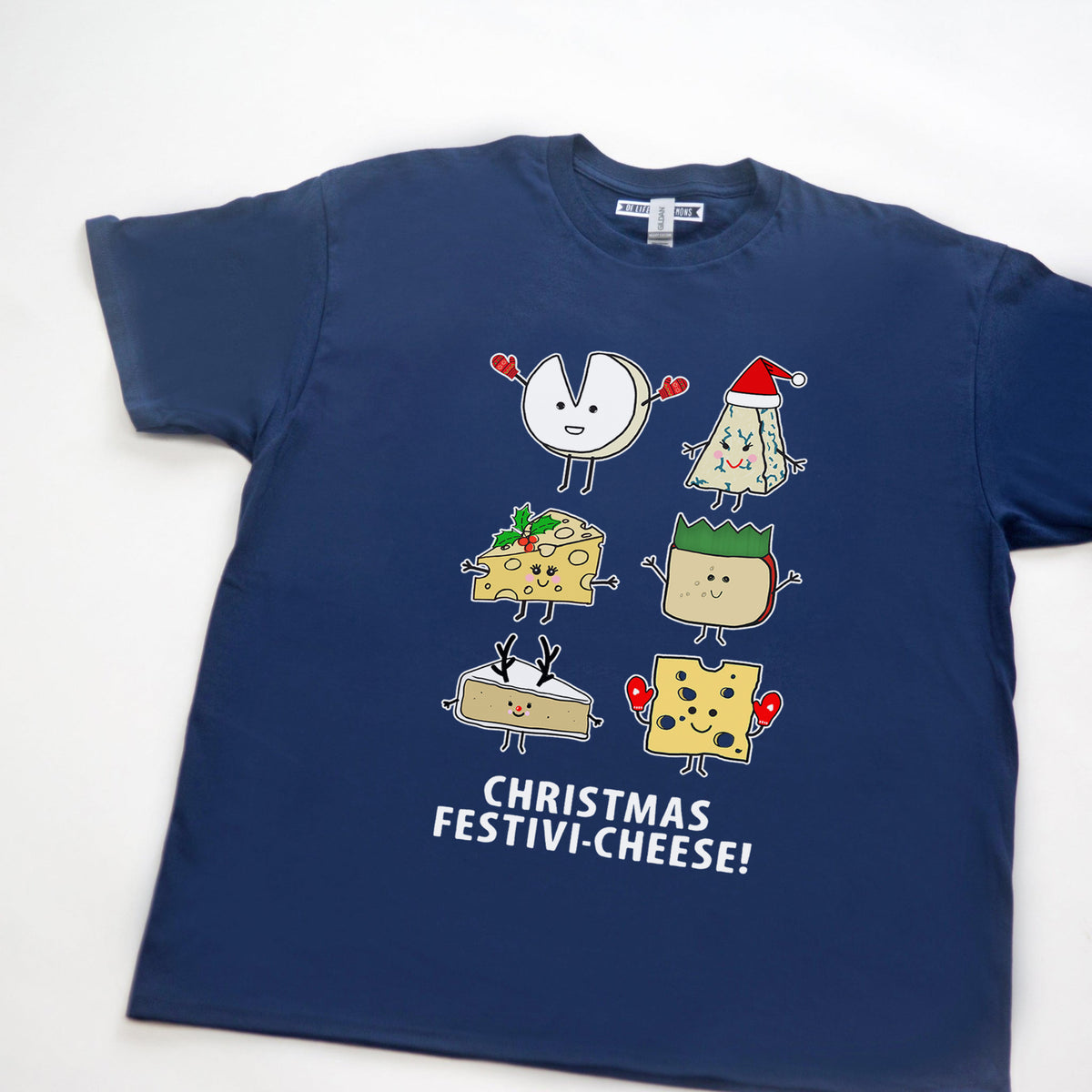 Navy blue t-shirt with cartoon cheese characters and 'Christmas Festivi-Cheese!' text on a white background