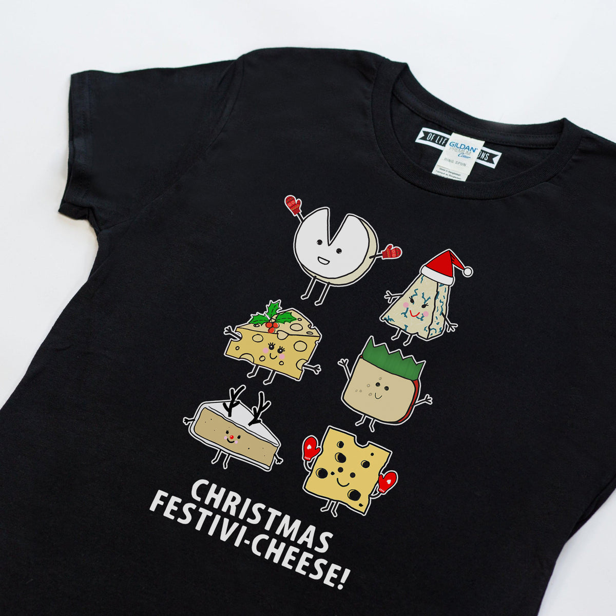 Black t-shirt with festive cheese character graphics and text on a white background