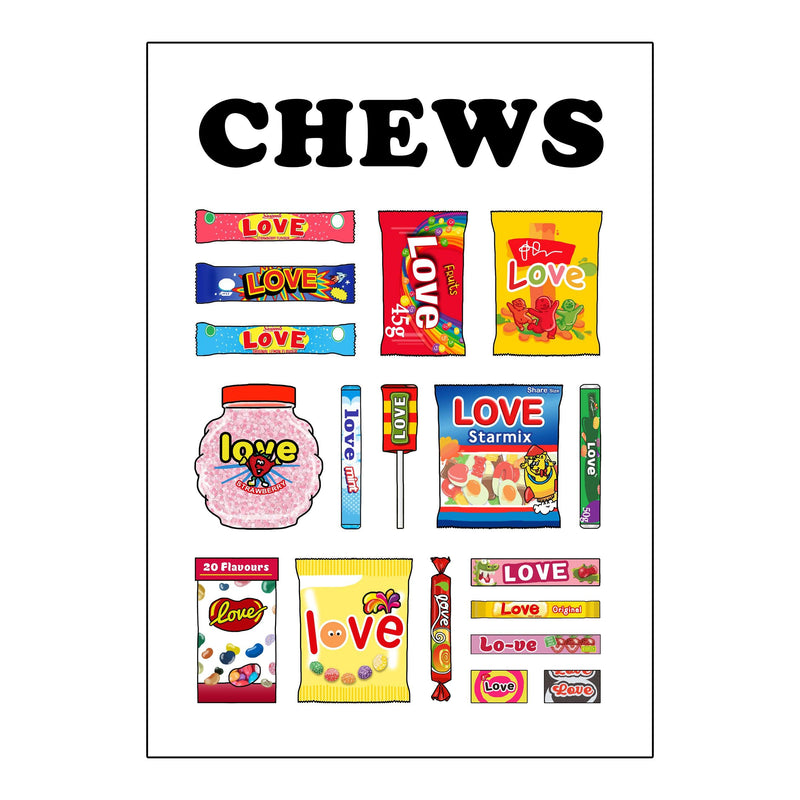 A montage of colourful sweets illustrations and a funny pun