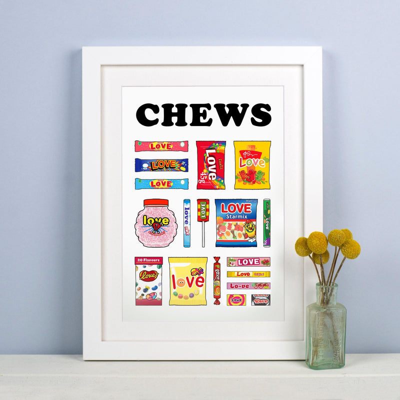 colourful graphic print featuring illustrations of sweets