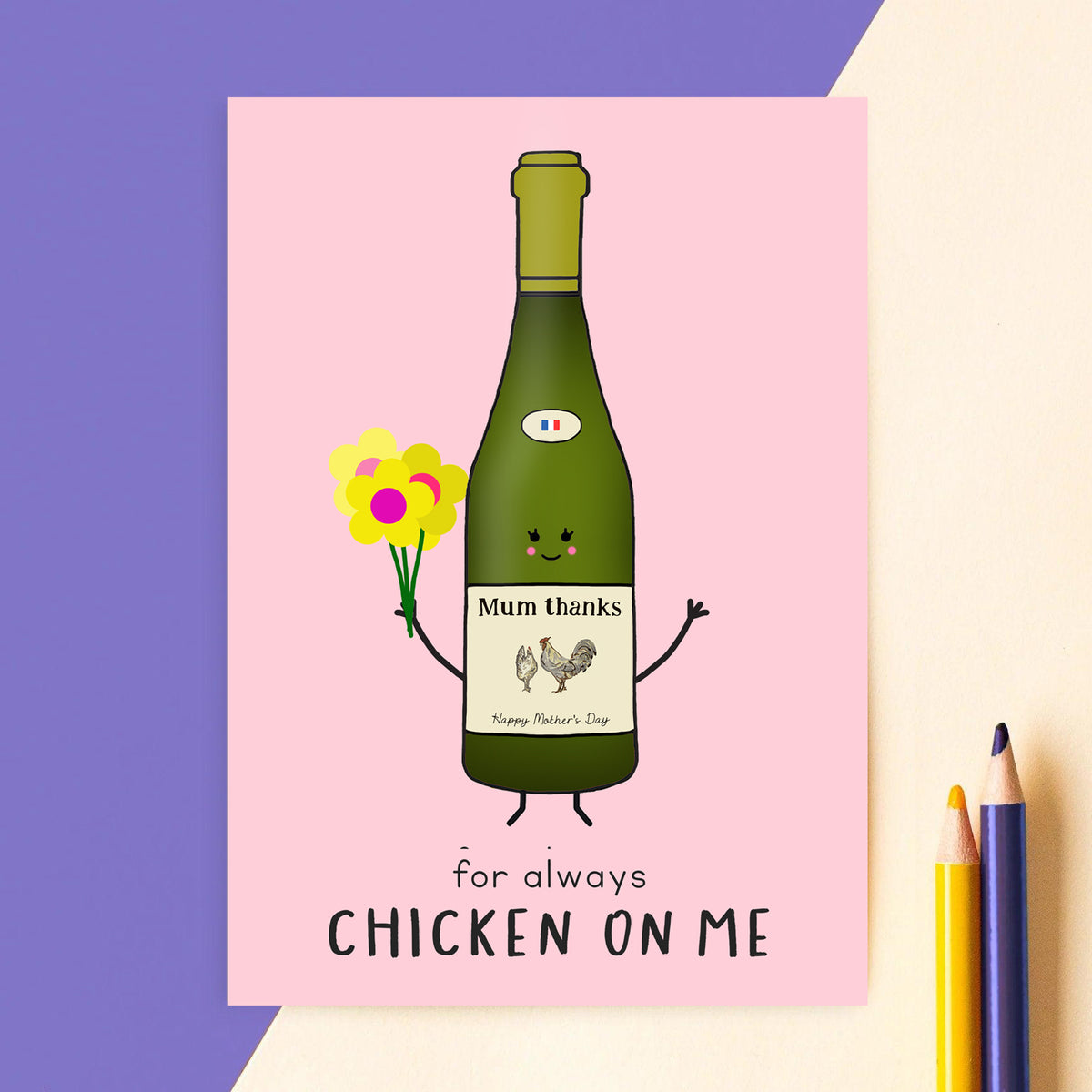 a funny mother's day card featuring an illustration of chicken wine and a pun, photographed on a purple and cream background