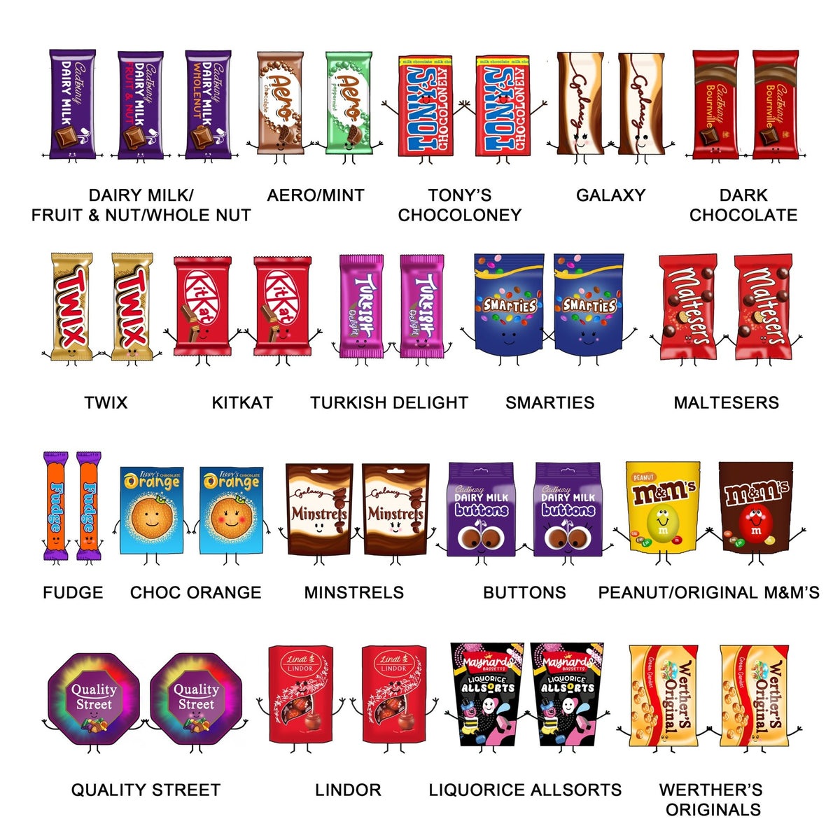 Illustrations of various chocolate bars with cartoon faces on a white background