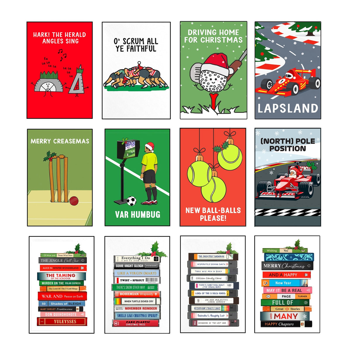 A 3x4 grid of 12 Christmas-themed greeting cards with retro sports illustrations and puns, including racing cars, cricket, hockey, and books.