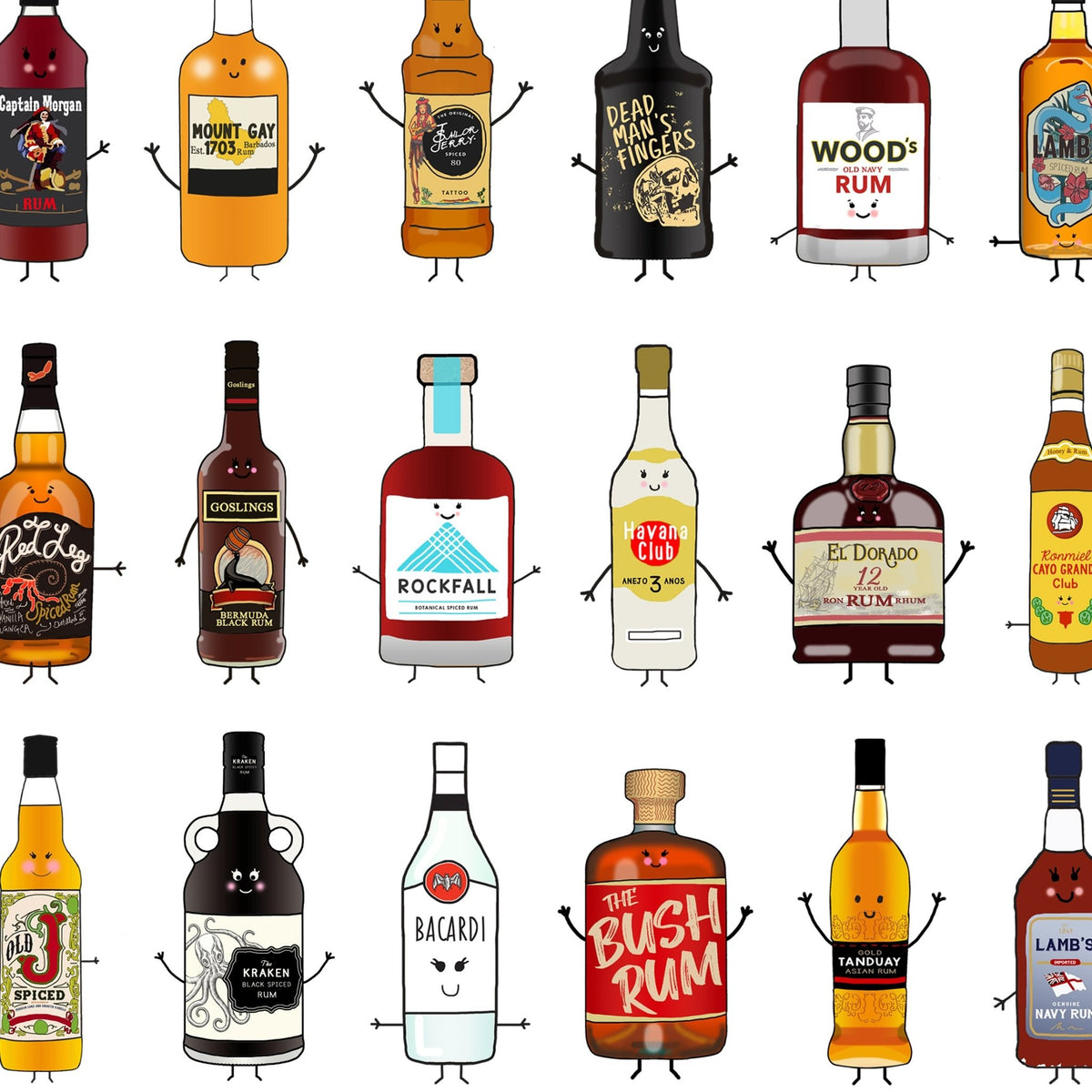 Illustrations of various rum bottles with faces on a white background
