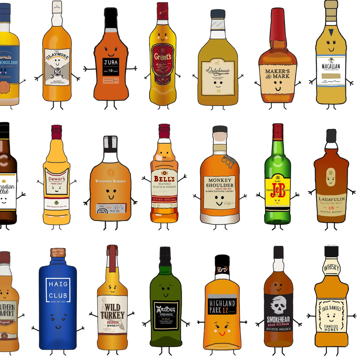 Illustrations of various whiskey bottles with faces on a white background