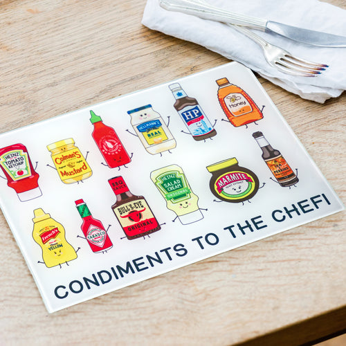 Funny chopping board with condiment illustrations