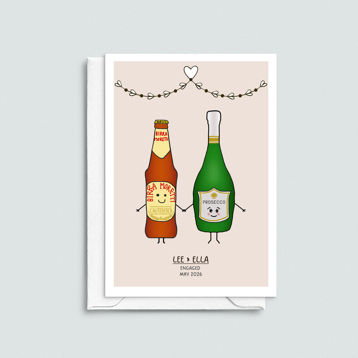 Illustration of a bottle of Tabasco and a bottle of Prosecco on an engagement card with a pink background.