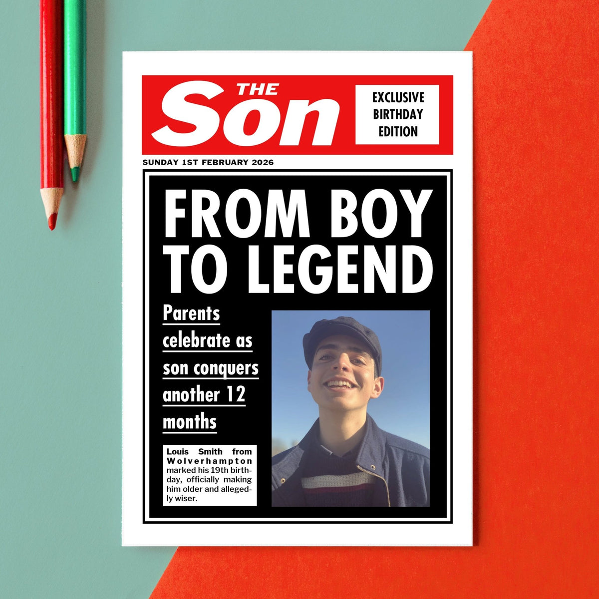 newspaper front page parody birthday card for son against a green and red background