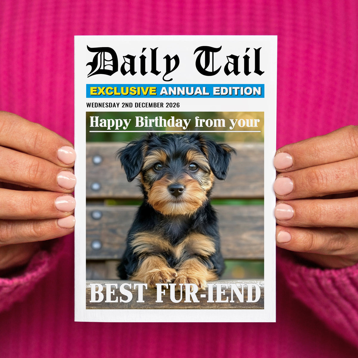 A person holds a printed card styled like a Daily Tail newspaper cover, featuring a photo of a small black-and-tan puppy and birthday greeting text, against a bright pink knit sweater background.