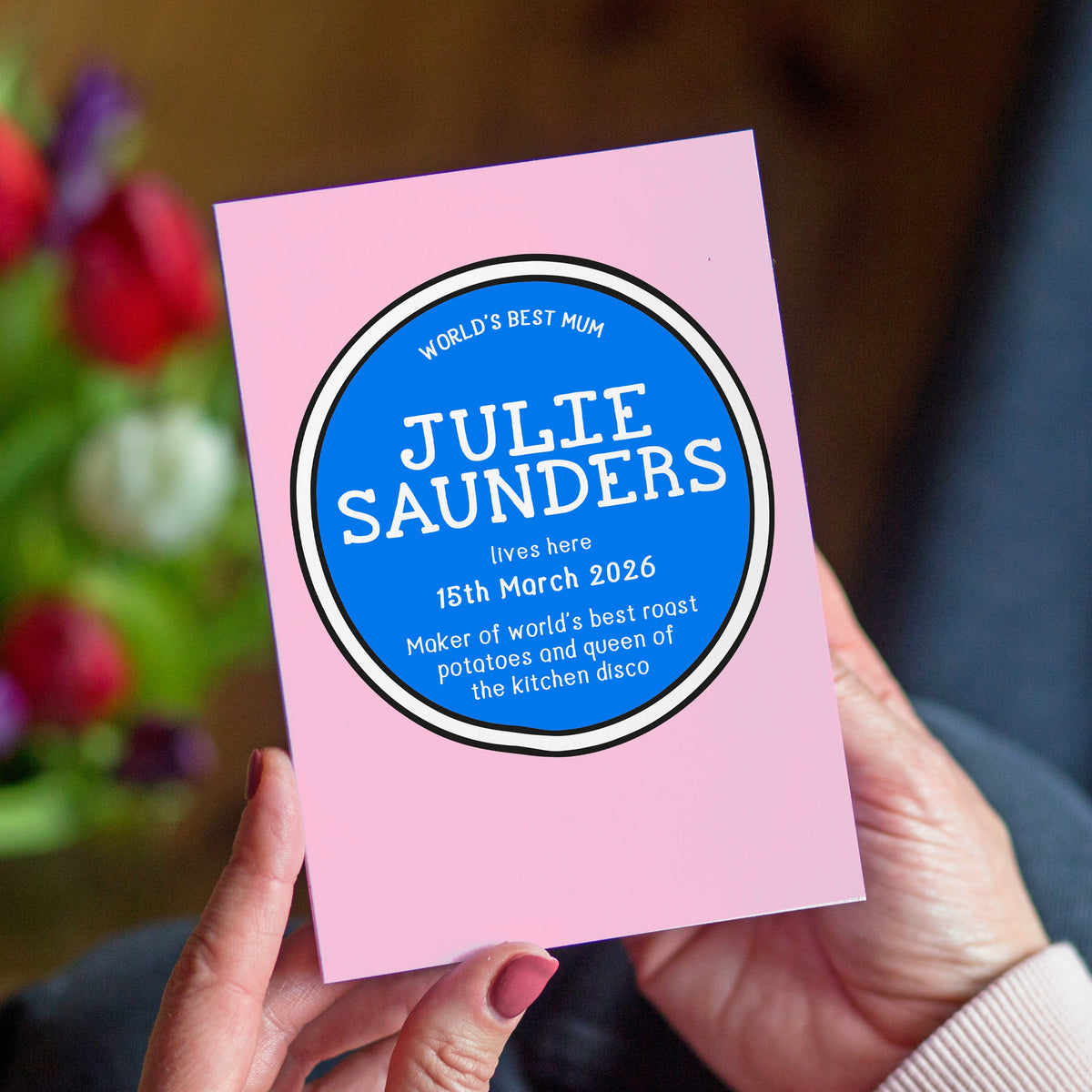 mothers day card with english heritage blue plaque design held in female hands