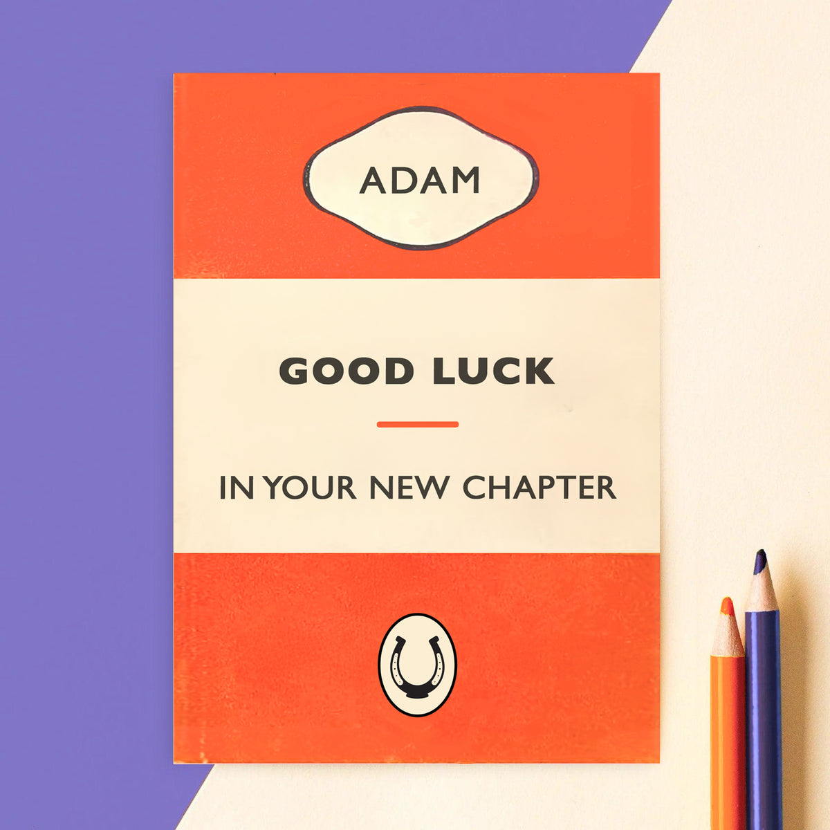 Greeting card with 'Good Luck in Your New Chapter' message on a colourful background