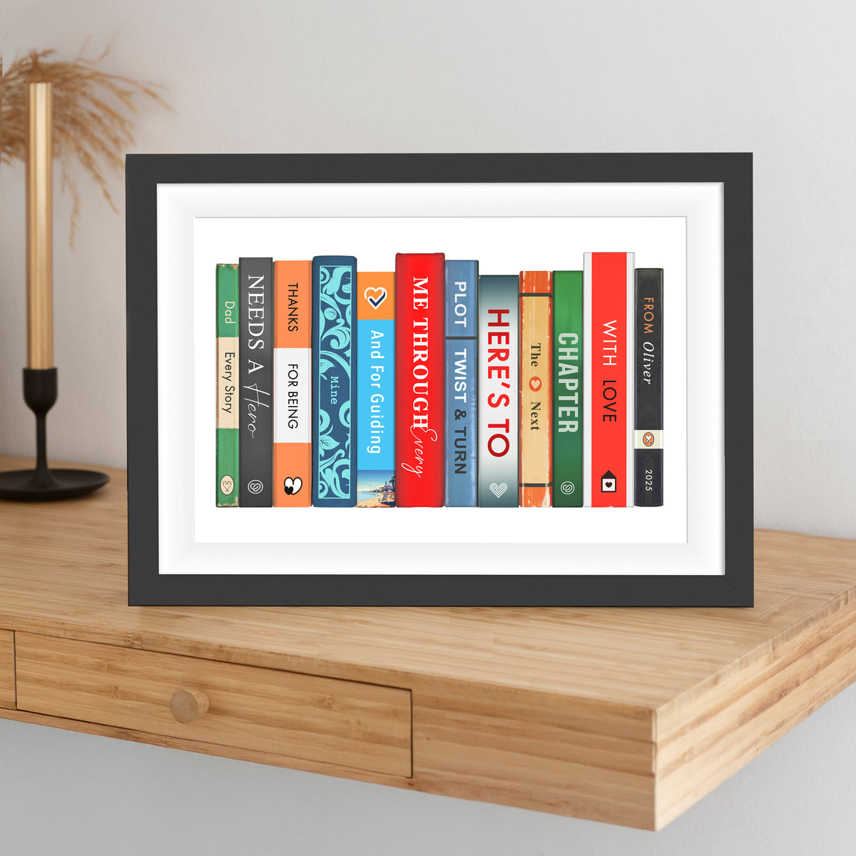 A custom print for Dad that spells out a thoughtful Father's Day message using book spines