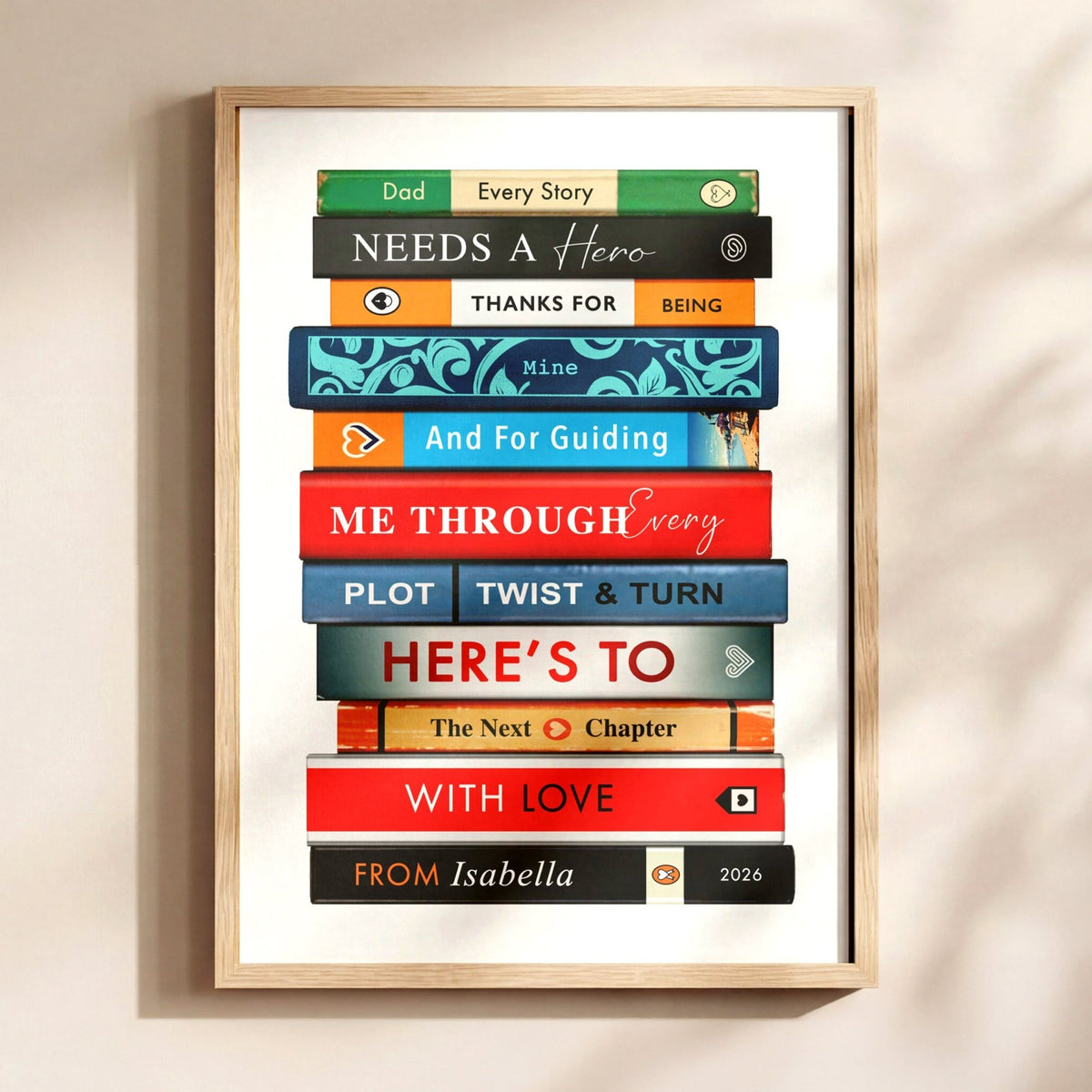 Framed artwork of books with personalized text on a beige background
