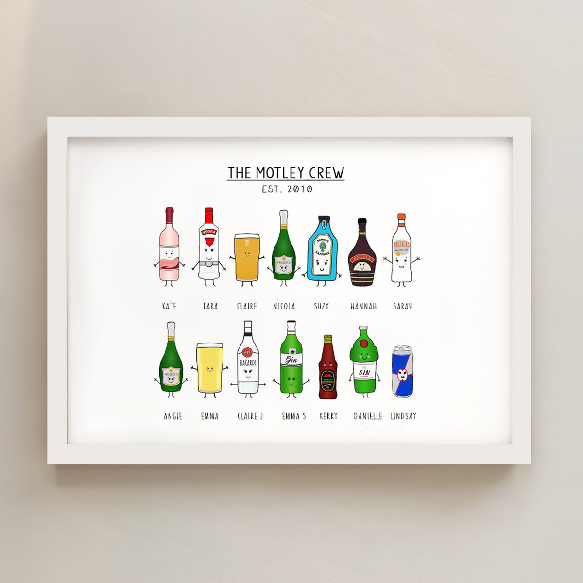custom drinks portrait in a white frame on a beige wall