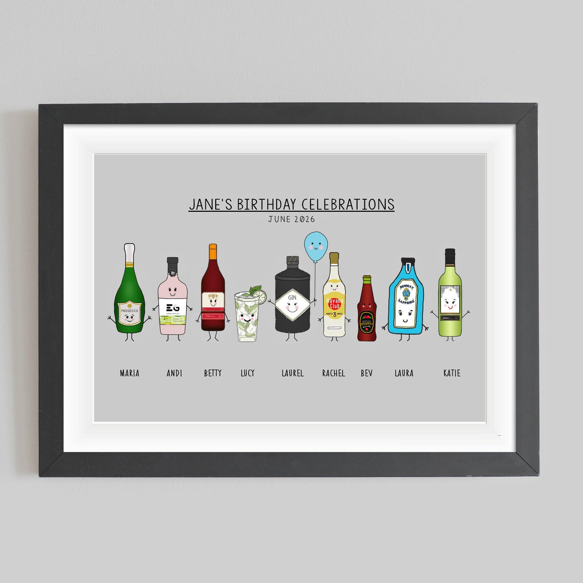 Framed artwork titled 'Jane's Birthday Celebrations' with cartoon bottle characters on a gray background.