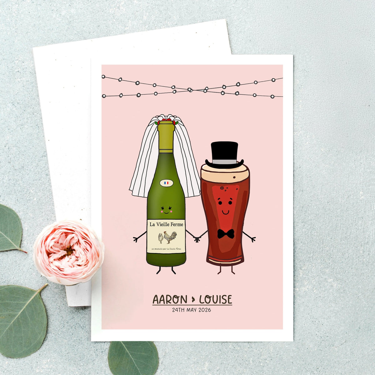 Illustration of a wine bottle and beer glass with wedding attire on a pink background, surrounded by flowers and leaves.