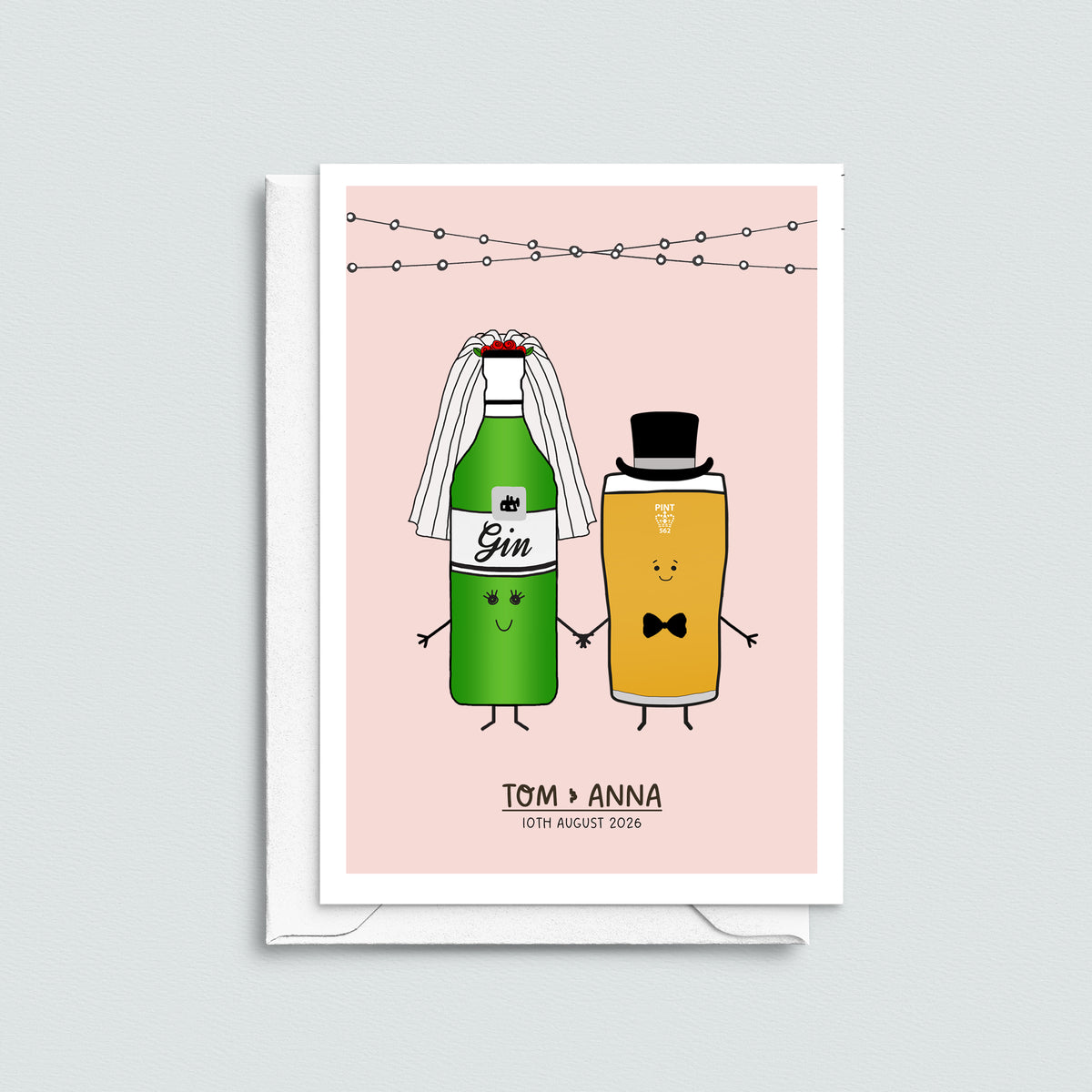Greeting card with cartoon bottles of gin and vodka holding hands on a pink background